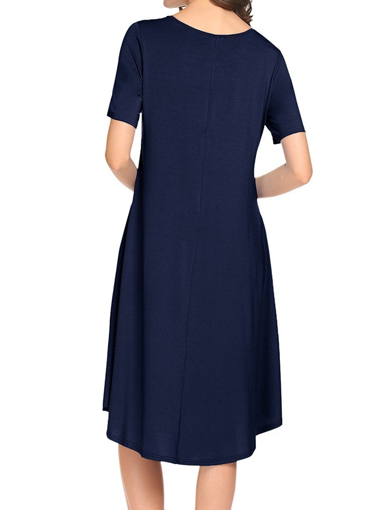 Locryz Womens Short Sleeve Pocket Casual Loose Swing Midi T Shirt Dress (XL, Dark Blue) - Image 2